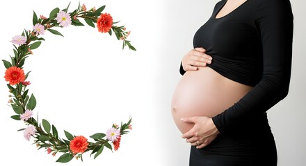 Beautiful smile pregnant mom, flower and leaves, isolated on a white background, copy space for text; concept of health care pregnancy, Mother's Day