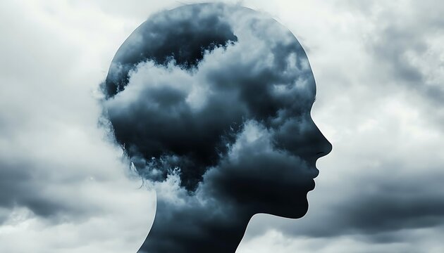 Mental depression and negative emotion concept. Person head silhouette and cloudy weather.