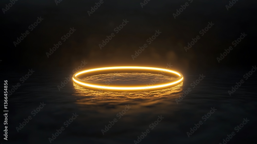 Poster illuminated circular platform with golden glow on a dark, textured surface creates a futuristic or a