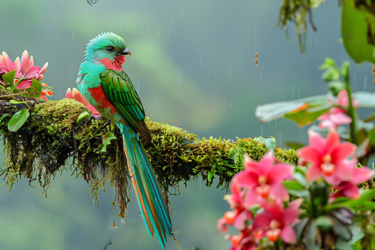 Costa Ricas Cloud Forest Haven Biodiversity Monteverde Cloud Forest Reserve safeguard countless specie Depict resplendent quetzal perched mossy tree limb surrounded misty dense cloud forest vegetation