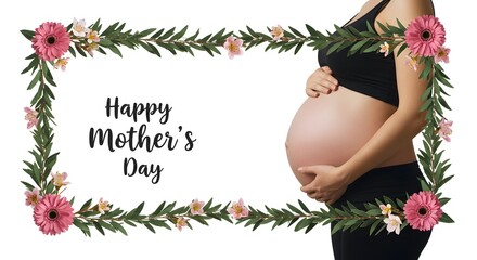 Beautiful smile pregnant mom, flower and leaves, isolated on a white background, copy space for text; concept of health care pregnancy, Mother's Day