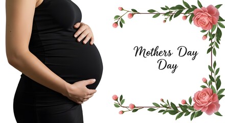 Beautiful smile pregnant mom, flower and leaves, isolated on a white background, copy space for text; concept of health care pregnancy, Mother's Day