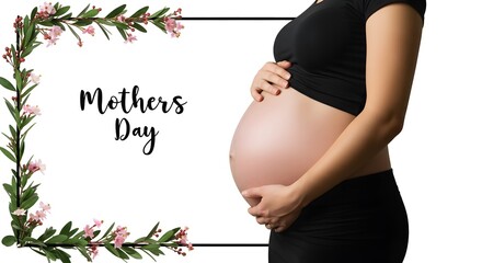 Beautiful smile pregnant mom, flower and leaves, isolated on a white background, copy space for text; concept of health care pregnancy, Mother's Day