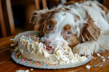 A delightful brown and white dog indulges in a frosted cake with sprinkles
