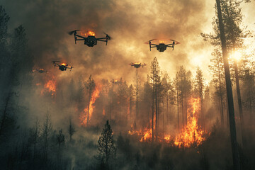 Drones monitor wildfire in forest.