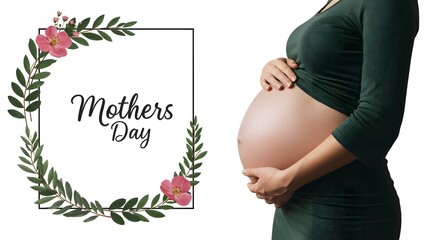 Beautiful smile pregnant mom, flower and leaves, isolated on a white background, copy space for text; concept of health care pregnancy, Mother's Day