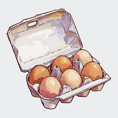Watercolor Egg Carton with Six Brown Eggs