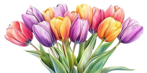 Fototapeta premium A bouquet of tulip illustration, with pink, yellow, and purple tulip flowers, paired with green leaves, on a pure white background