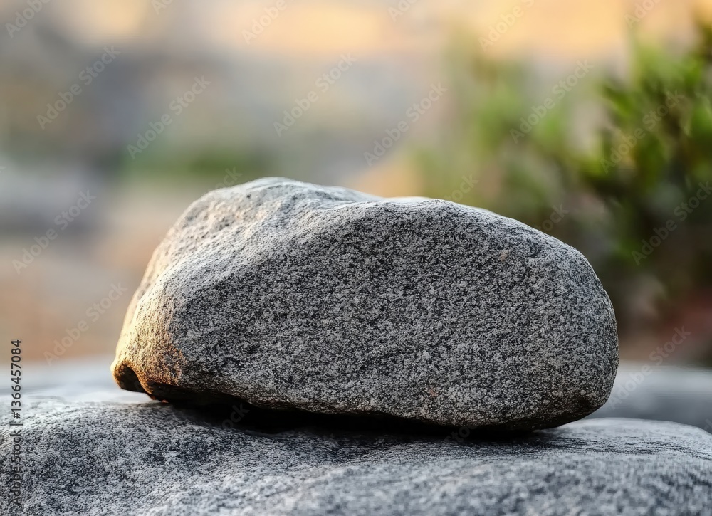 Poster Smooth grey granite stone resting on another rock with blurred background