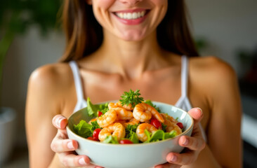 Bowl of shrimp salad in hands of happy woman. Young woman holding bowl of salad close-up. Woman in white T-shirt having breakfast.