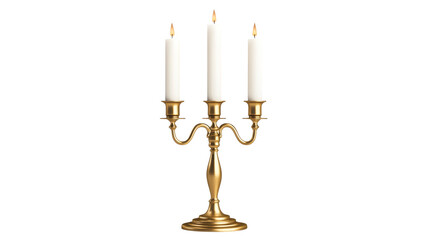 Elegant golden candelabrum with lit white candles, cut out transparent