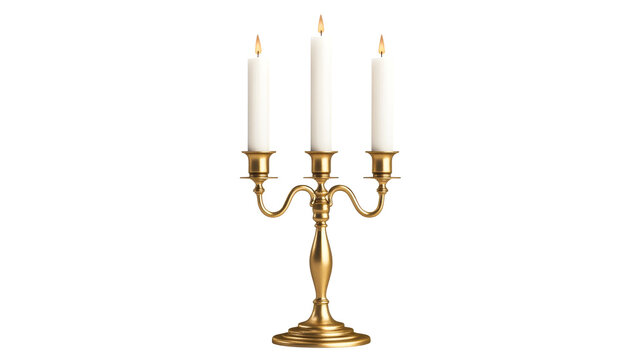 Elegant golden candelabrum with lit white candles, cut out transparent