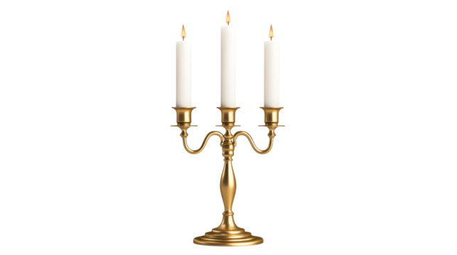 Elegant golden candelabrum with lit white candles, cut out transparent