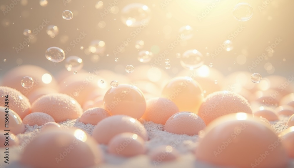 Poster soft bubbles floating above delicate pink shapes in warm light