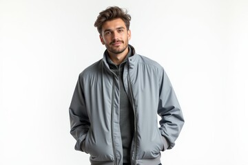 Obraz premium Half-Length (Waist-Up) portrait of young stylish smiling Serbian male model in futuristic wear isolated on pure white background looking at camera