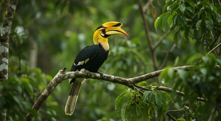Fototapeta premium Majestic Yellow-Casqued Hornbill Perched Serenely in a Lush Tropical Rainforest