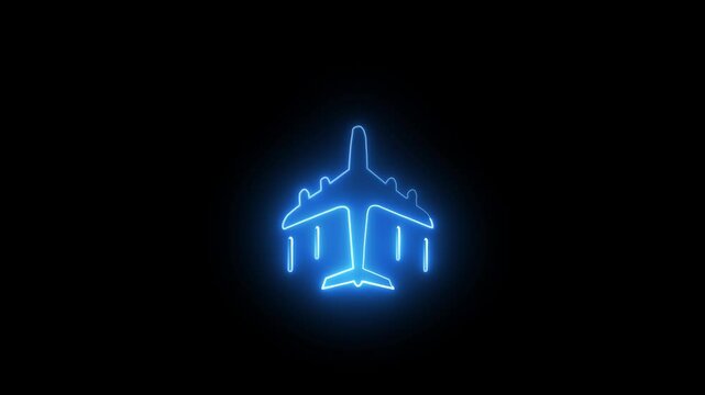 Airport sign icon design with neon effect. Neon zet plane fighter reactive pursuit military.A glowing neon outline of an airplane on black background 