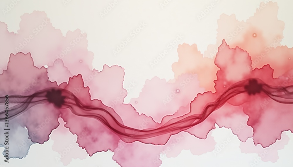 Poster abstract ink painting with flowing lines in soft pink and red shades