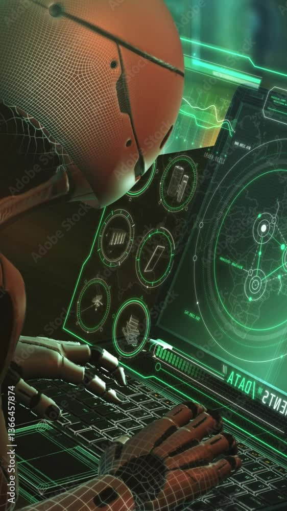 Poster advanced ai analyzing data on futuristic laptop screen