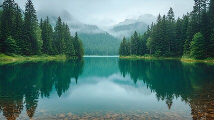 Fototapeta premium Misty Mountain Lake Reflections