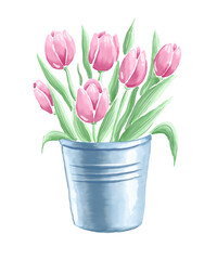 Pink tulips. Cute bouquet. Watercolor illustration 