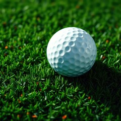 Fototapeta premium A pristine white golf ball rests on a vibrant green putting green, lawn, putt, texture