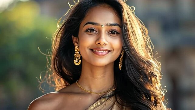 Stunning South Indian actress in a sunlit temple courtyard, adorned in a beige saree with gold embroidery and traditional jewelry.