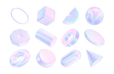 Circle pearlescent 3d texture shapes. Geometric holographic figures tube, torus, disk, cylinder,ring, platform,ball,cube with noise hologram gradient dots. Grain gradation effect. Vector illustration