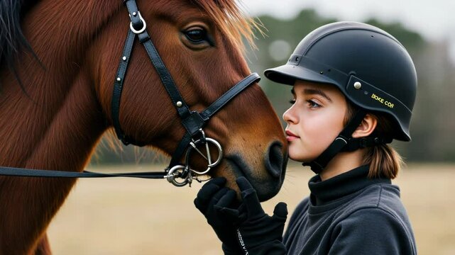 Young woman holding reins of a horse, equestrian theme