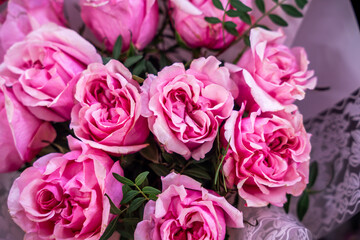 luxury bouquet of fresh pink roses, closeup