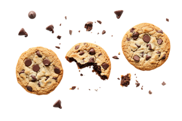 Three Chocolate Chip Cookies with Crumbs on Transparent Background, PNG