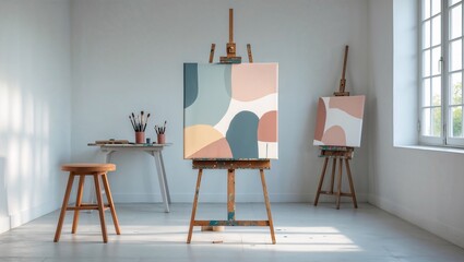 A white room with a painting on the wall and a wooden easel