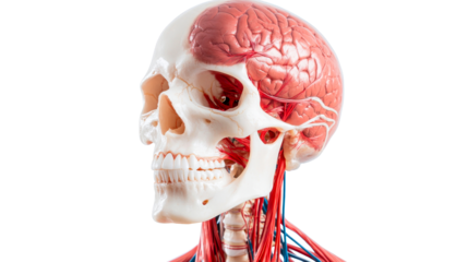 Anatomical human skull, brain and vascular system side view, cut out transparent