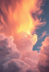 Fototapeta premium Fiery hues paint a canvas of clouds, soft yet vibrant, textured by wispy cirrus and bold cumulus, painted sky, texture