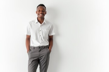 Fototapeta premium Half-Length (Waist-Up) portrait of young stylish smiling Seychellois male model in cosplay wear isolated on pure white background looking at camera
