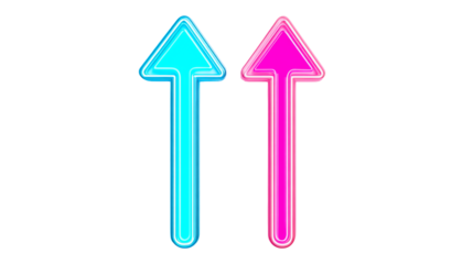 Two vibrant neon arrows pointing upwards, cut out transparent