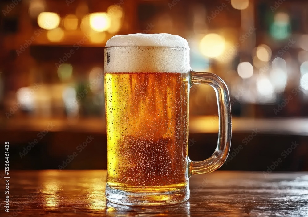 Poster Refreshing mug of beer standing on bar counter with bokeh background