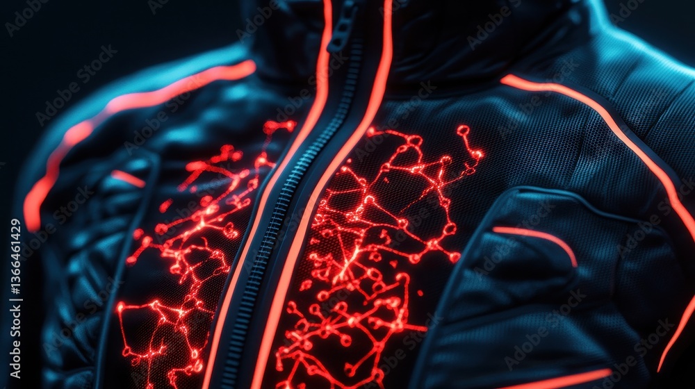 Poster a futuristic jacket with glowing red circuitry patterns, showcasing advanced technology and innovati