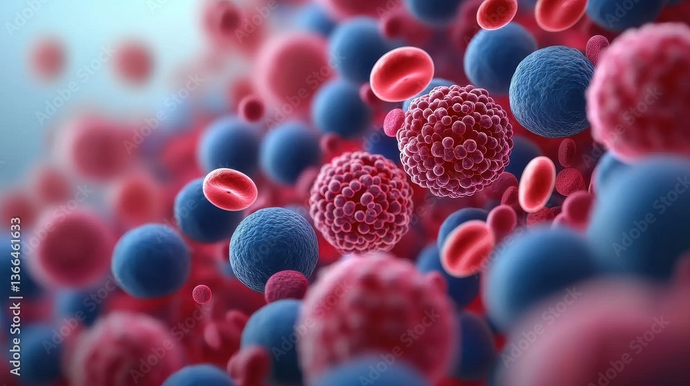Poster a vibrant, abstract depiction of microscopic cells in various colors, illustrating cellular structur