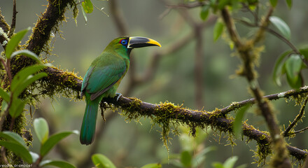 Fototapeta premium Emerald Toucanet perched on a mossy branch in a lush cloud forest setting