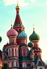 Fototapeta premium Ornate onion domes of a famous Moscow cathedral, vibrant colors against clear sky, russia, sky