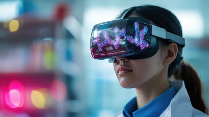 A woman wearing a virtual reality headset, immersed in a digital environment, showcasing technology and innovation in a lab setting.