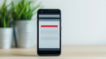 A smartphone displaying a user interface with input fields and a red button, surrounded by green plants in pots on a wooden surface.