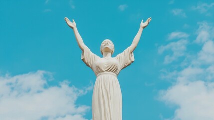 A statue of a figure with arms raised against a bright blue sky, symbolizing hope and freedom.