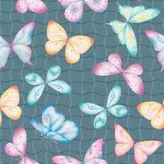Seamless pattern with hand drawn colorful watercolor butterflies on blue green. Perfect for textile, wrapping paper, fabric, backdrop, wall hanging, scrapbooking, home decoration, bedding, wallpaper