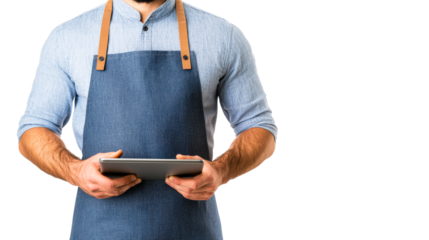Man with apron holding digital tablet, cut out transparent