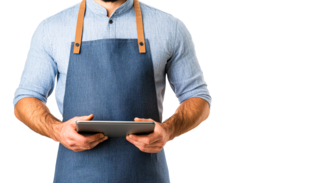 Man with apron holding digital tablet, cut out transparent