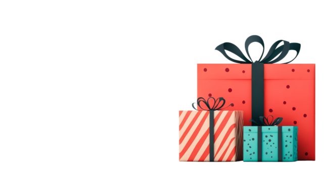 Stack of colorful Christmas presents isolated against black, cut out transparent