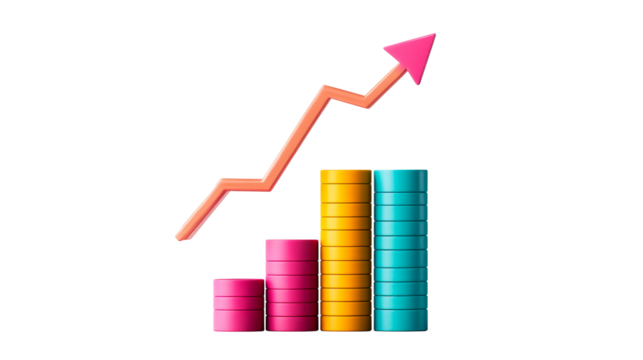 Business chart of stacked disks and pink arrow going up, cut out transparent