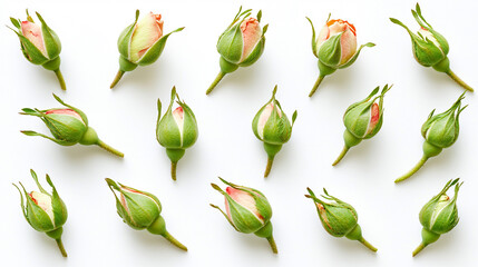 Obraz premium Delicate rose buds arranged in a symmetrical pattern on a white background.